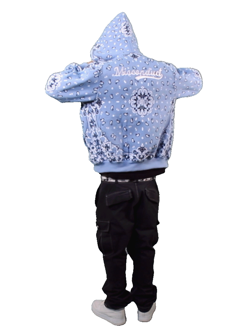 a model wearing a g 13 Baby Blue Paisley Hoodie